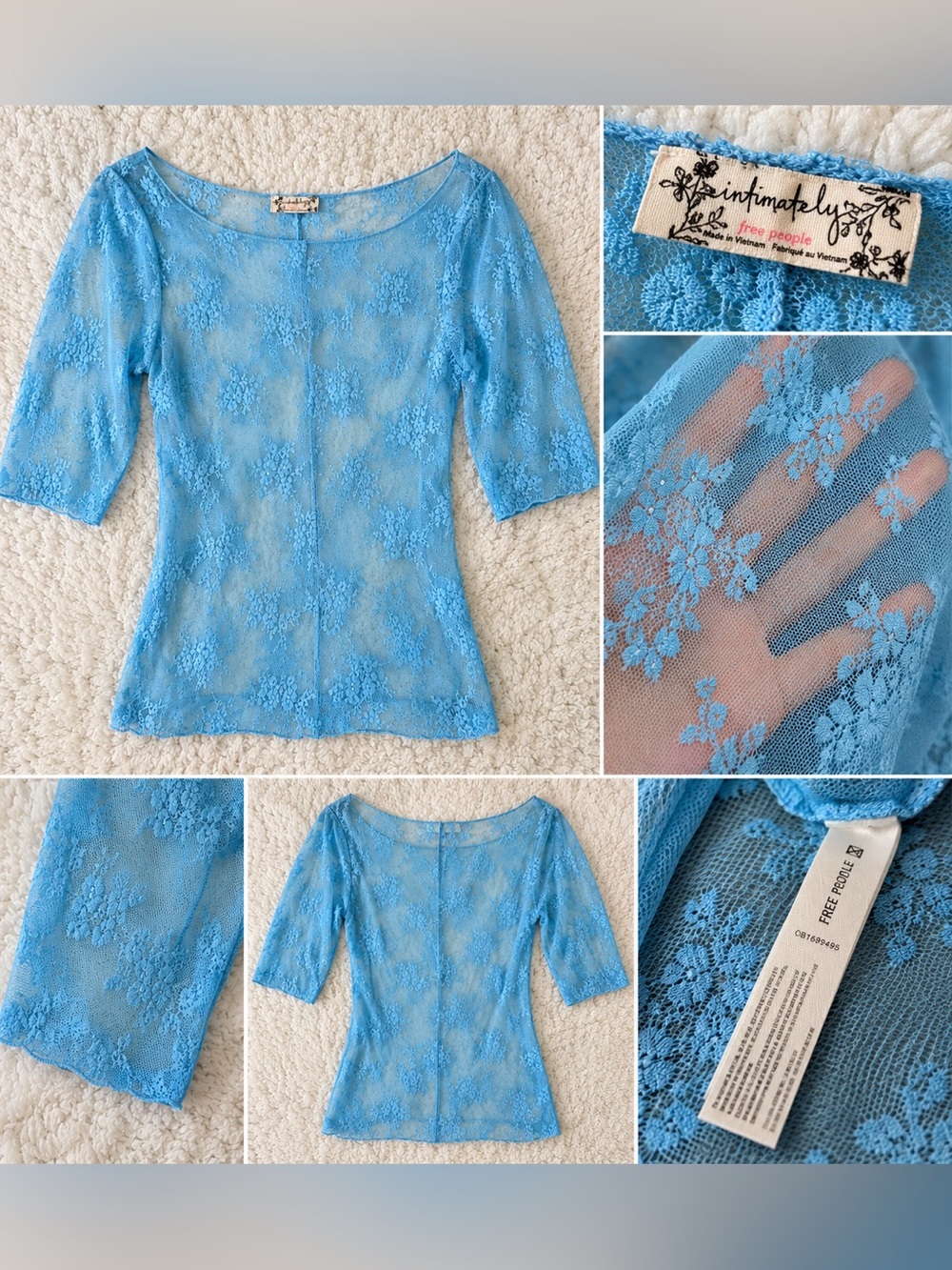 Free People Intimately Blue Sheer Floral Lace 3/4 Sleeve Top